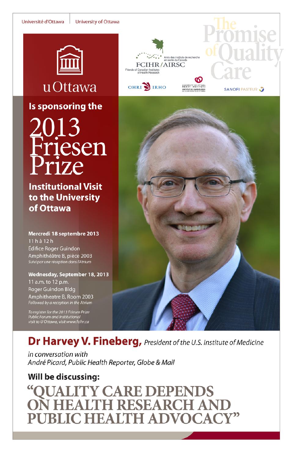 U Ottawa Institutional visit Harvey Fineberg in Conversation with André Picard - Sept 18 - 2013 Friesen Prize - Ottawa